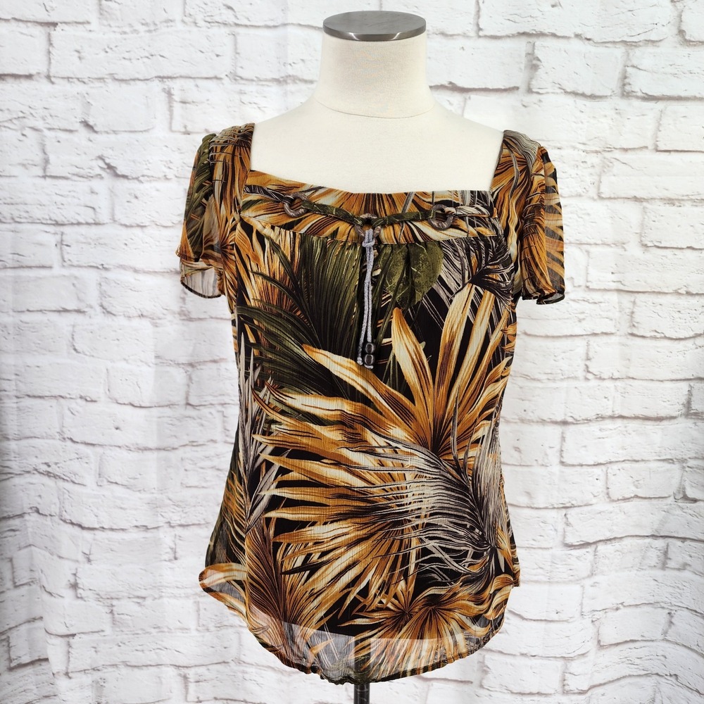 Dressbarn Work Office Top Medium Tropical Sheer Layered Safari Boho Square Neck
